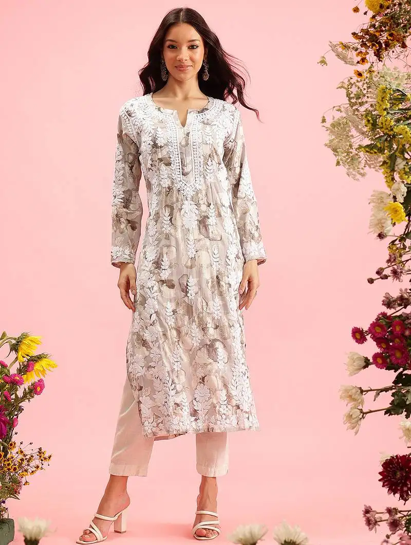 Hand embroidered printed grey chanderi lucknowi chikankari straight kurta