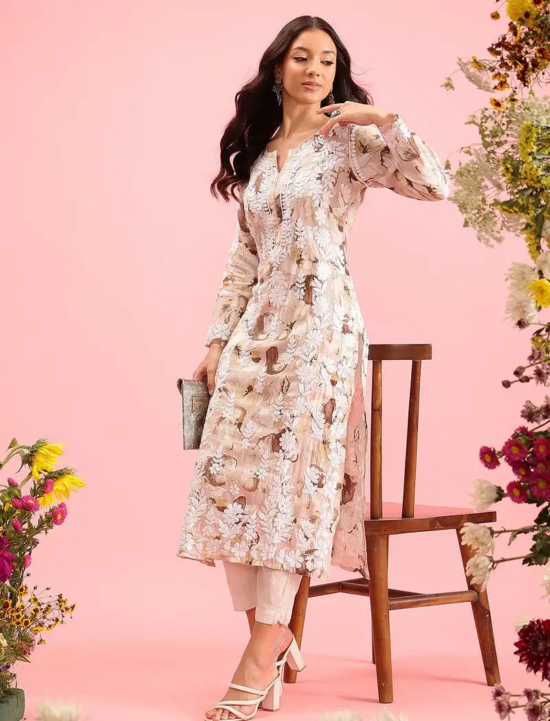 Hand embroidered printed dusty peach chanderi lucknowi chikankari straight kurta
