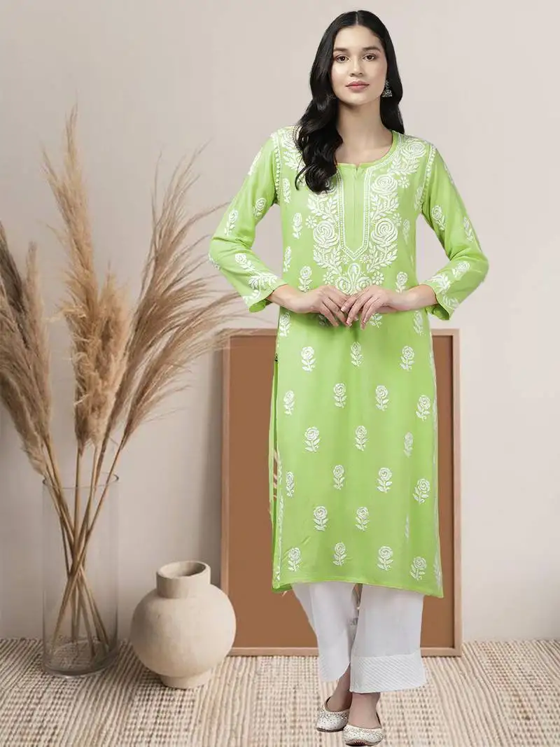 Hand embroidered liril green rayon lucknowi chikankari straight kurta