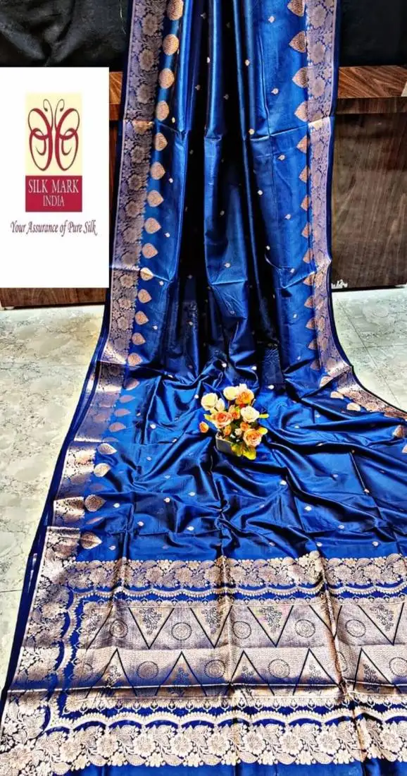 Blue manipuri pure silk saree with blouse piece