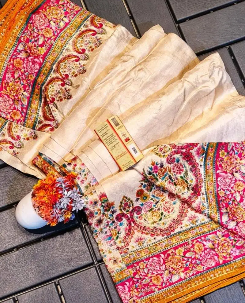 Cream pure karni tussar silk saree with blouse piece