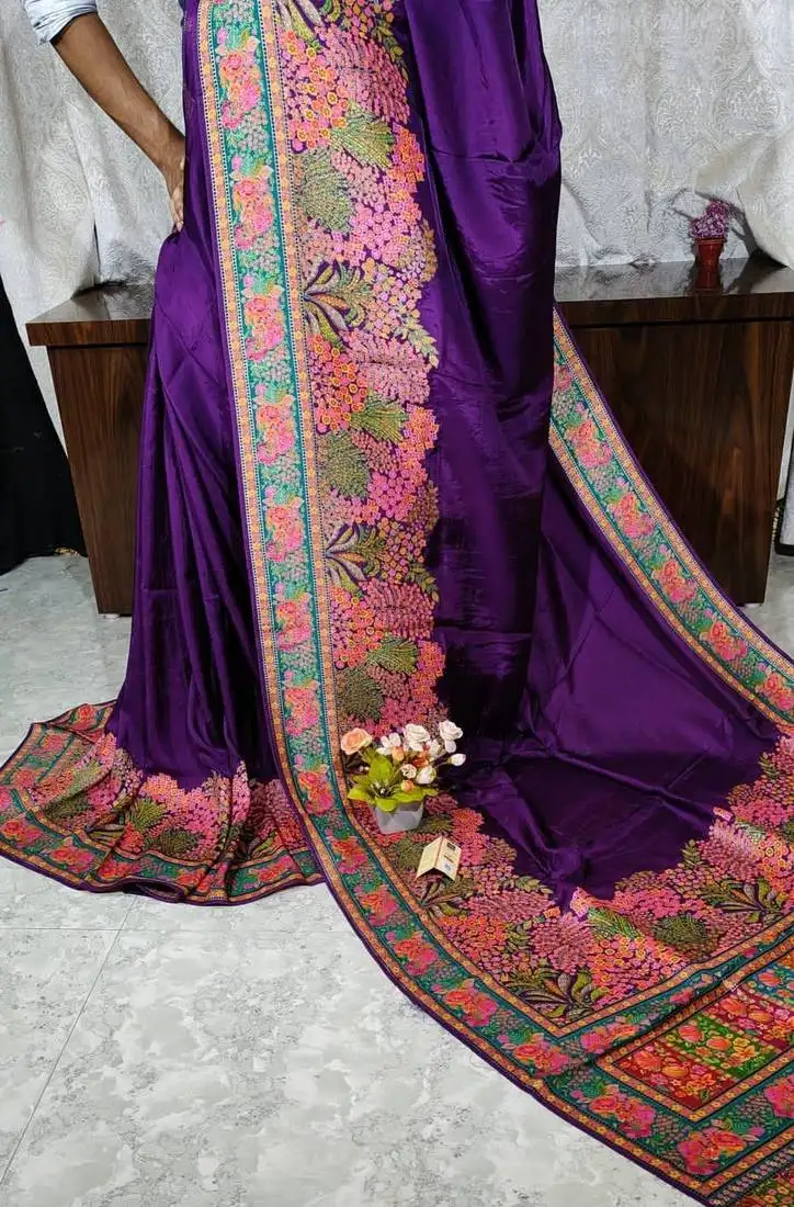 Purple pure karni tussar silk saree with blouse piece