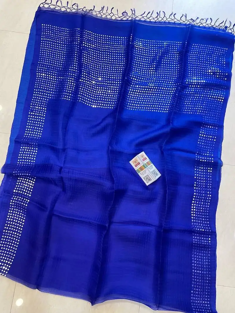 Blue double ply organic muslin saree with blouse piece