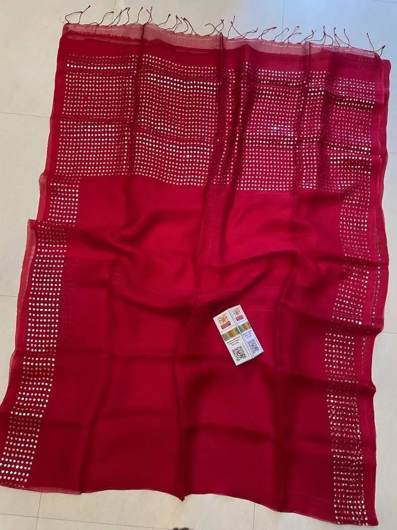 Red double ply organic muslin saree with blouse piece