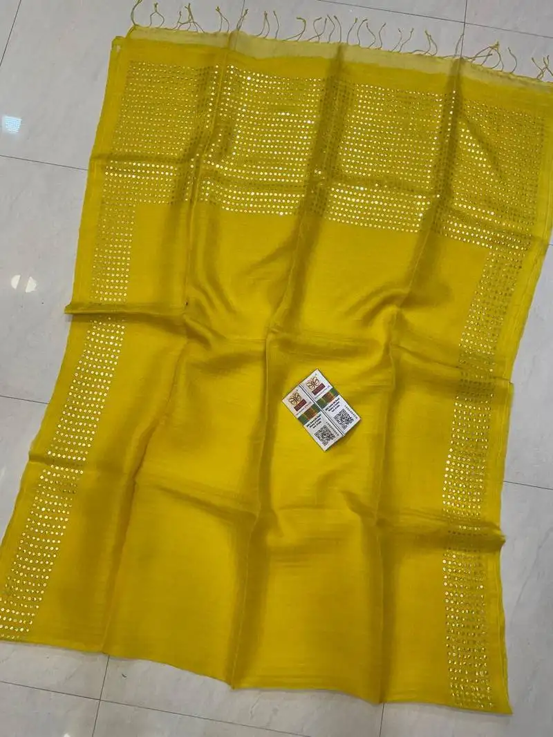 Yellow double ply organic muslin saree with blouse piece