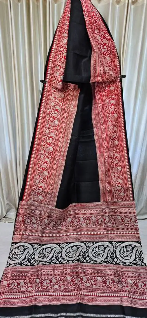 Black pure murshidabad silk saree with blouse piece