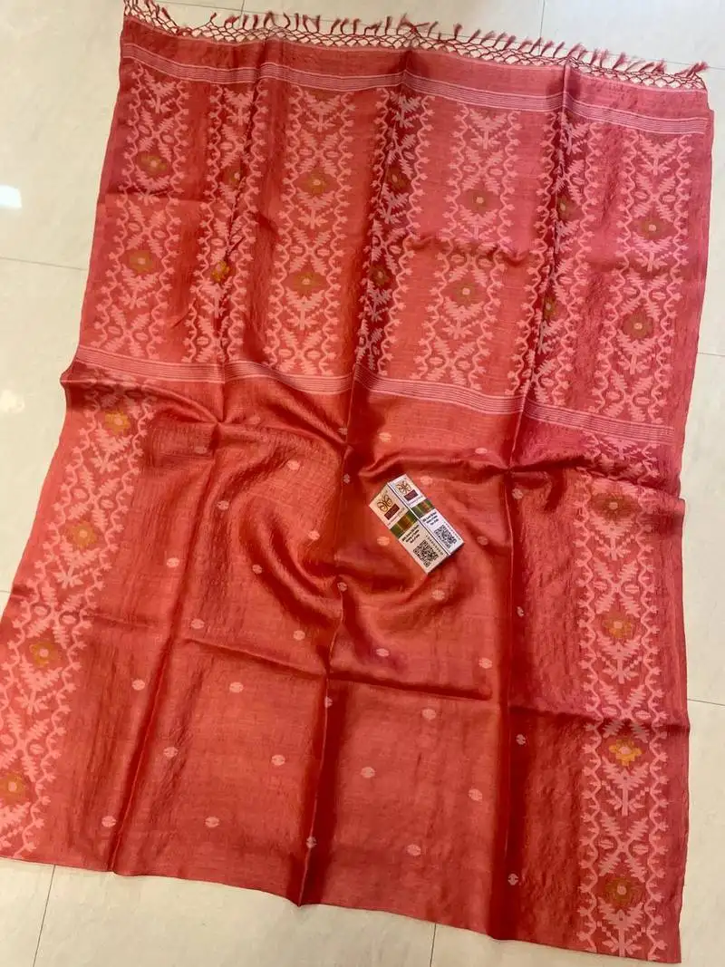Red pure double ply tussar silk saree with blouse piece