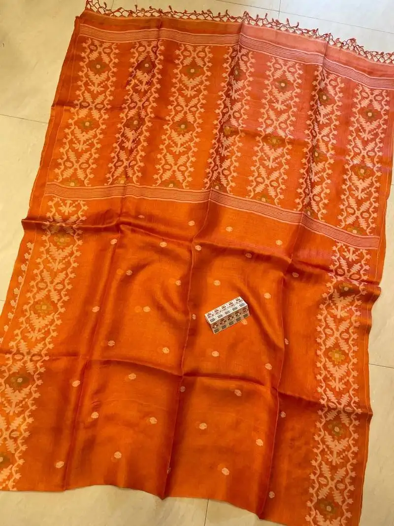 Orange pure double ply tussar silk saree with blouse piece
