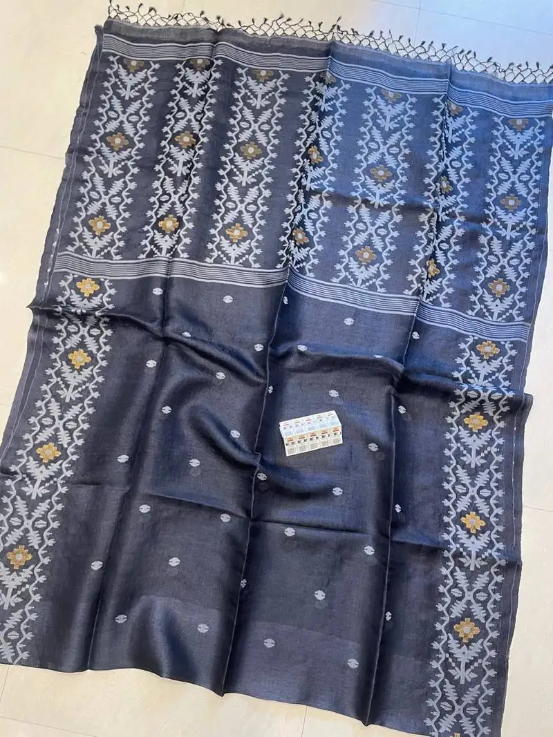 Navy blue pure double ply tussar silk saree with blouse piece