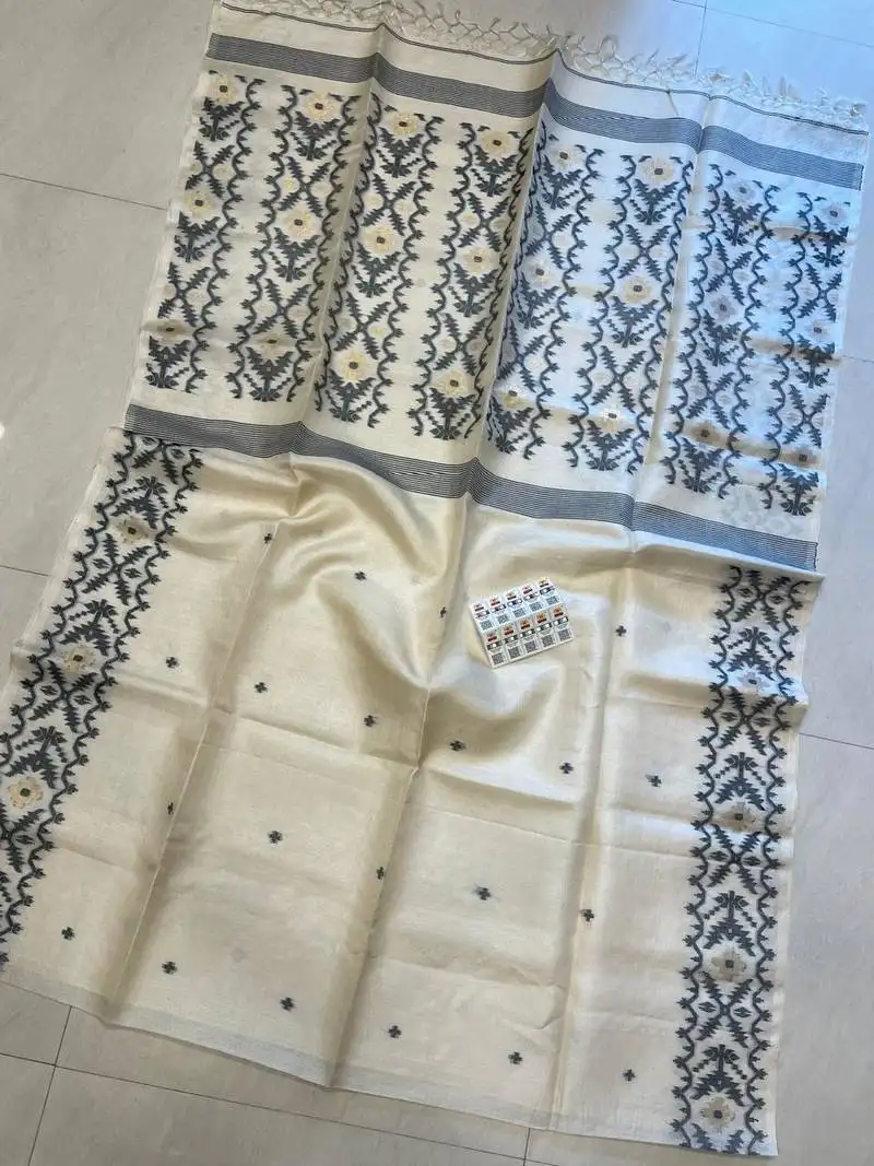 White pure double ply tussar silk saree with blouse piece