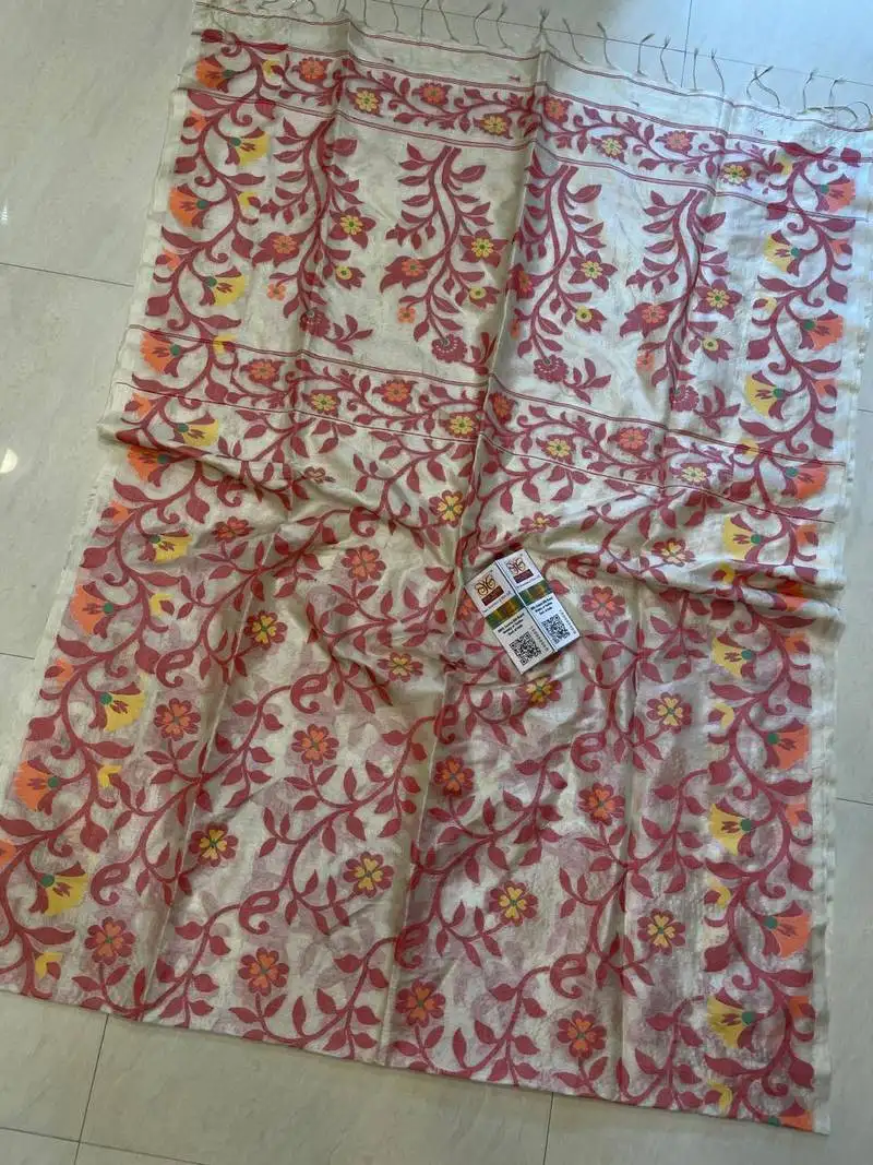 Cream pure double ply tussar silk saree with blouse piece