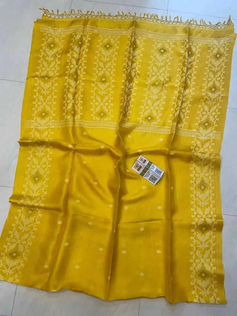 Yellow pure double ply tussar silk saree with blouse piece