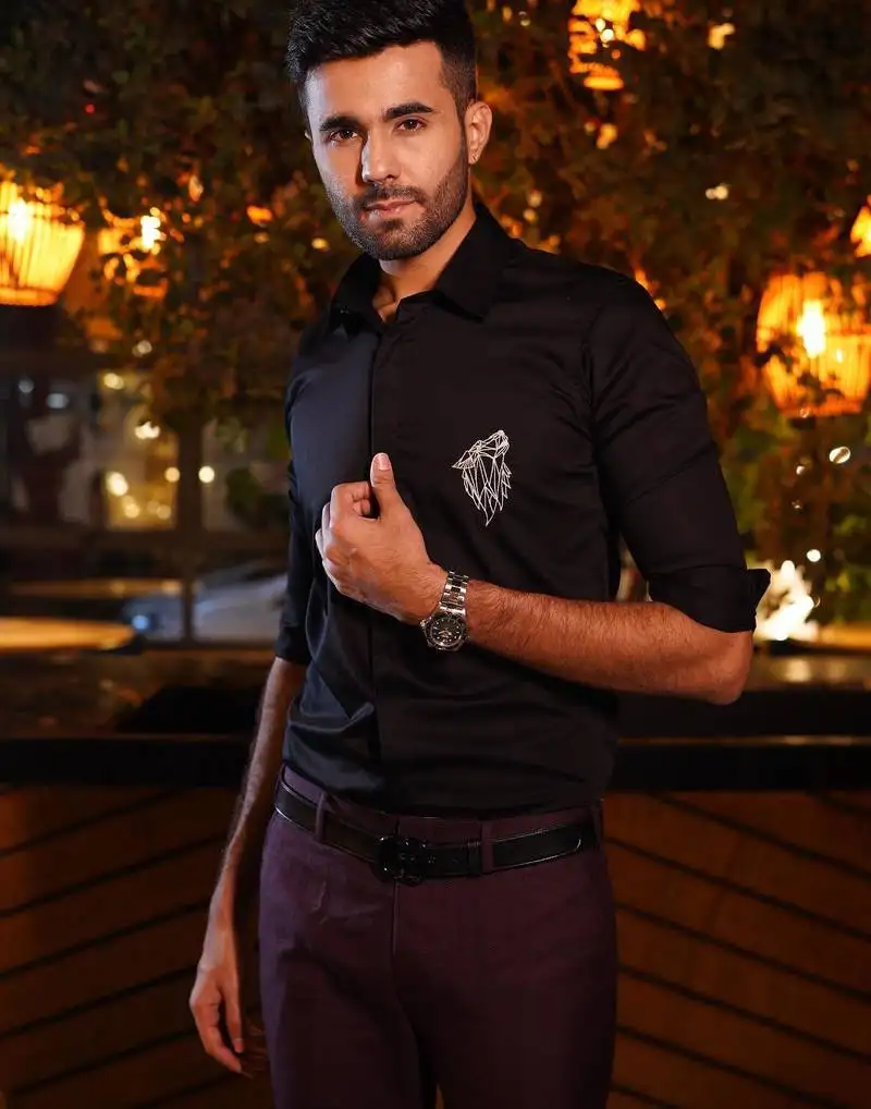 Black embroidered luxury satin designer shirt for men