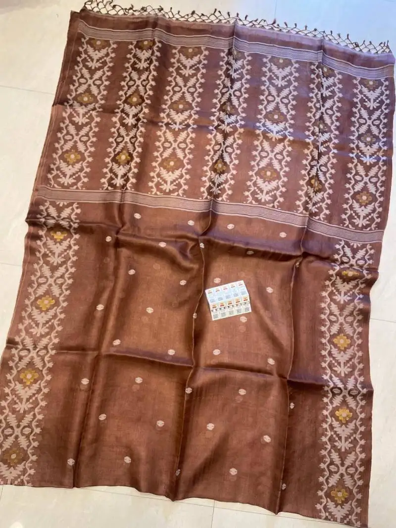 Brown pure double ply tussar silk saree with blouse piece