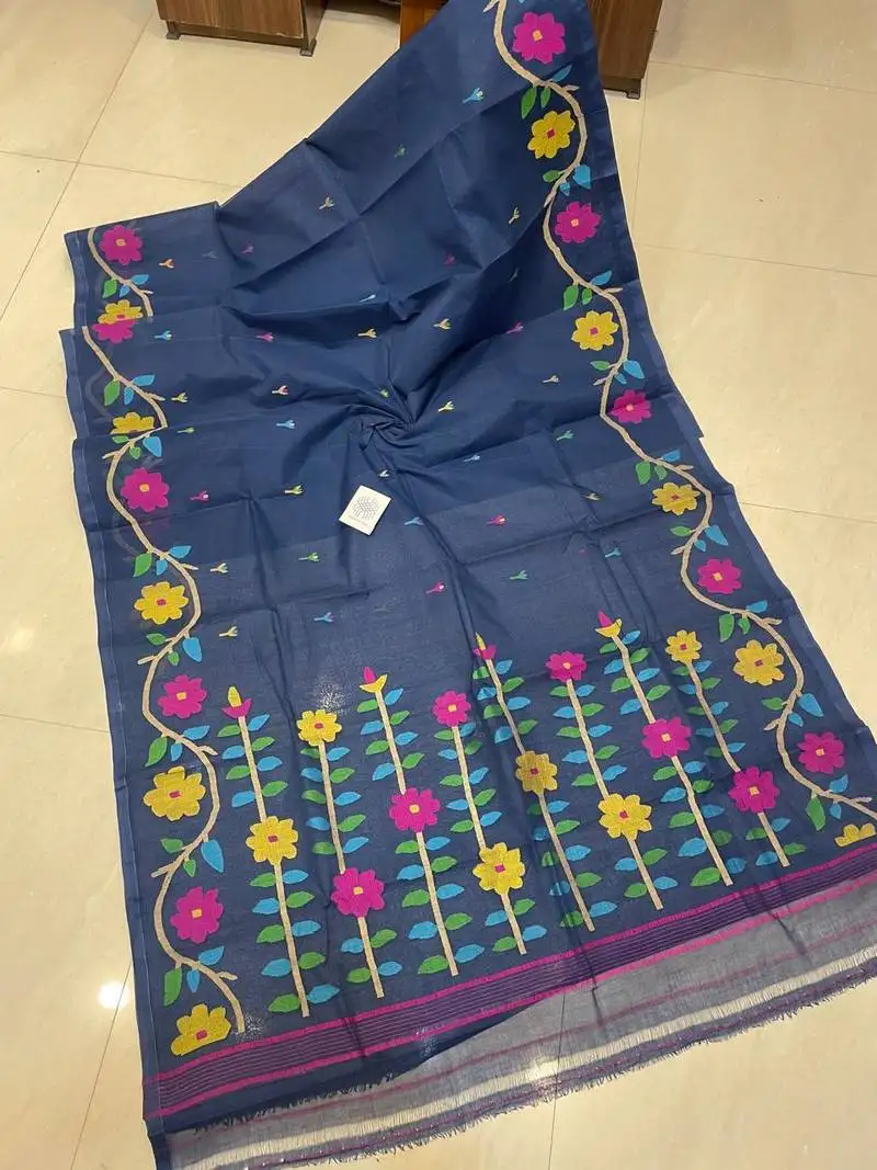 Blue pure cotton needle work jamdani saree with blouse piece