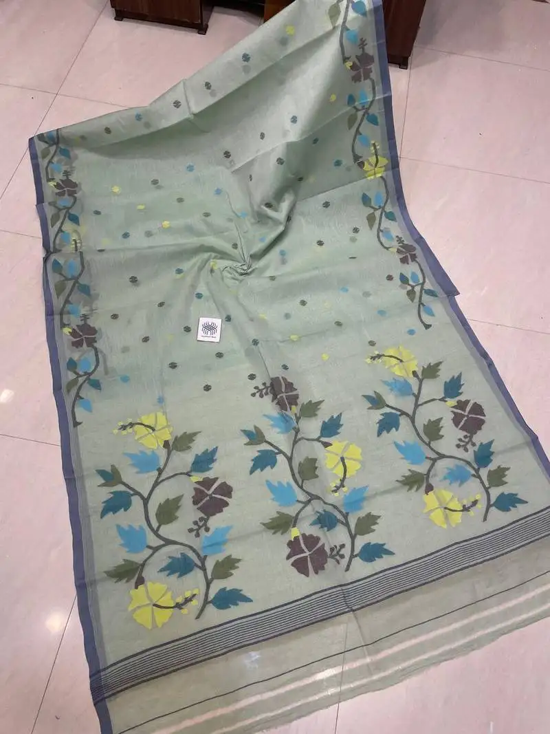 Sea green pure cotton needle work jamdani saree with blouse piece