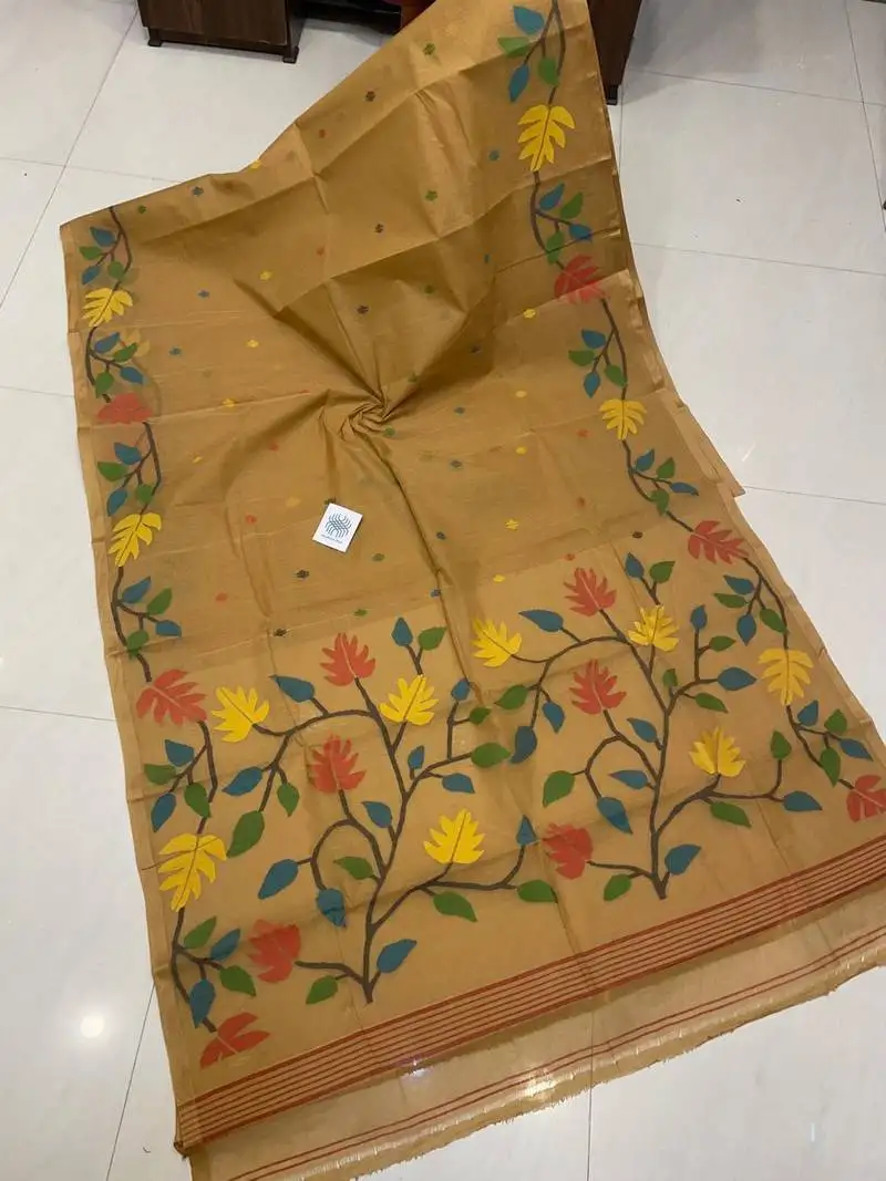 Mustard pure cotton needle work jamdani saree with blouse piece