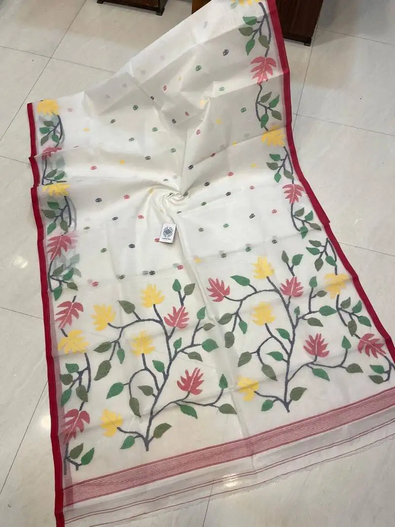 White pure cotton needle work jamdani saree with blouse piece