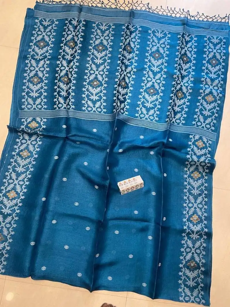 Blue pure double ply tussar silk saree with blouse piece