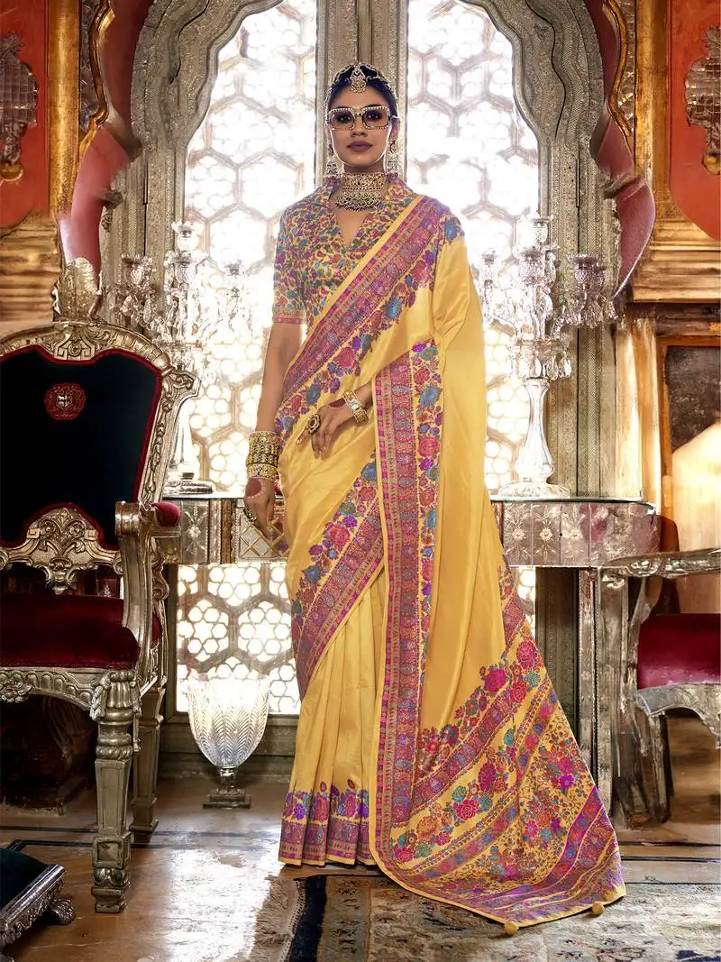 Golden yellow poly viscose silk pashmina saree with printed floral motifs saree
