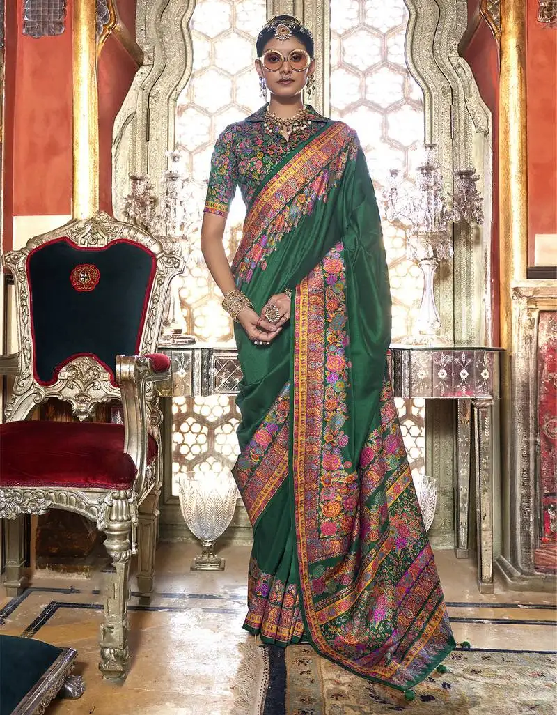 Dark green poly viscose silk pashmina saree with printed floral motifs saree