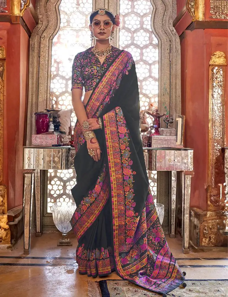 Black poly viscose silk pashmina saree with printed floral motifs saree