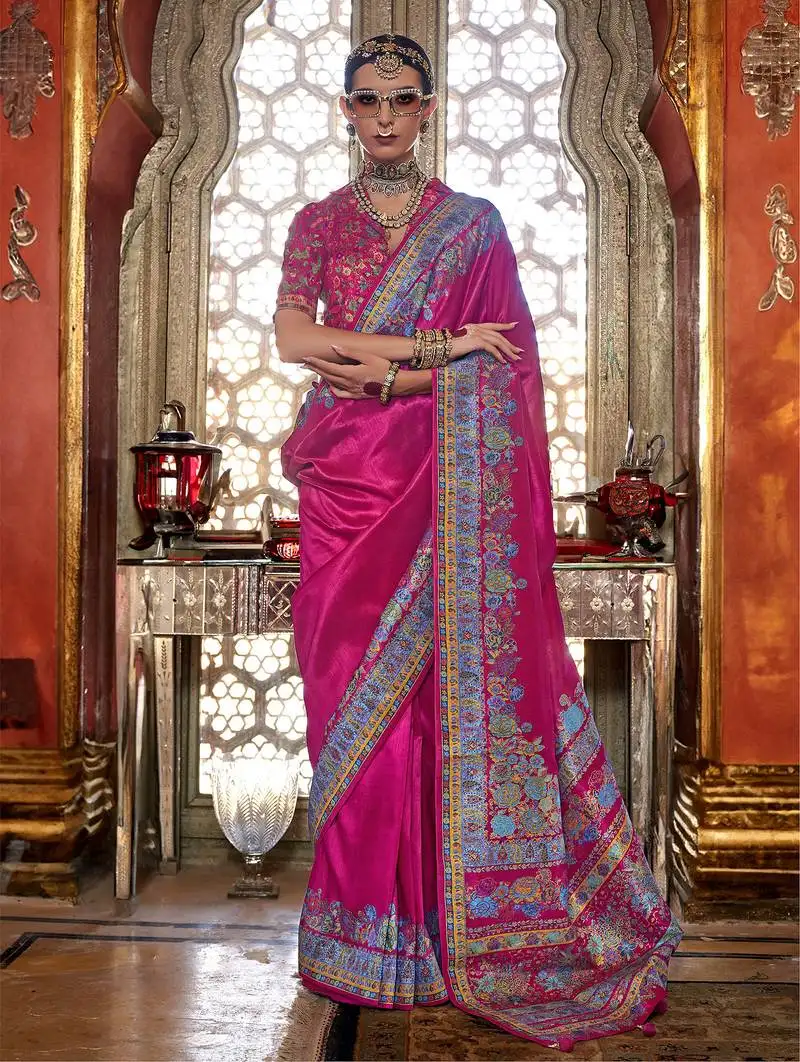 Rani pink poly viscose silk pashmina saree with printed floral motifs saree