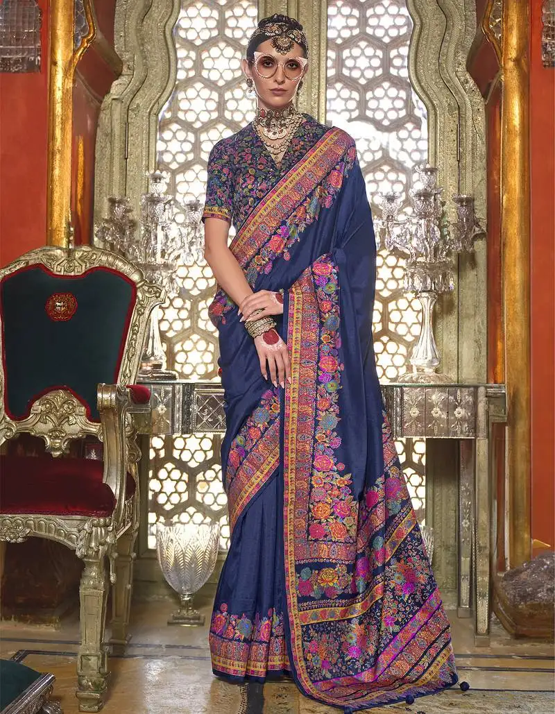 Navy blue poly viscose silk pashmina saree with printed floral motifs saree
