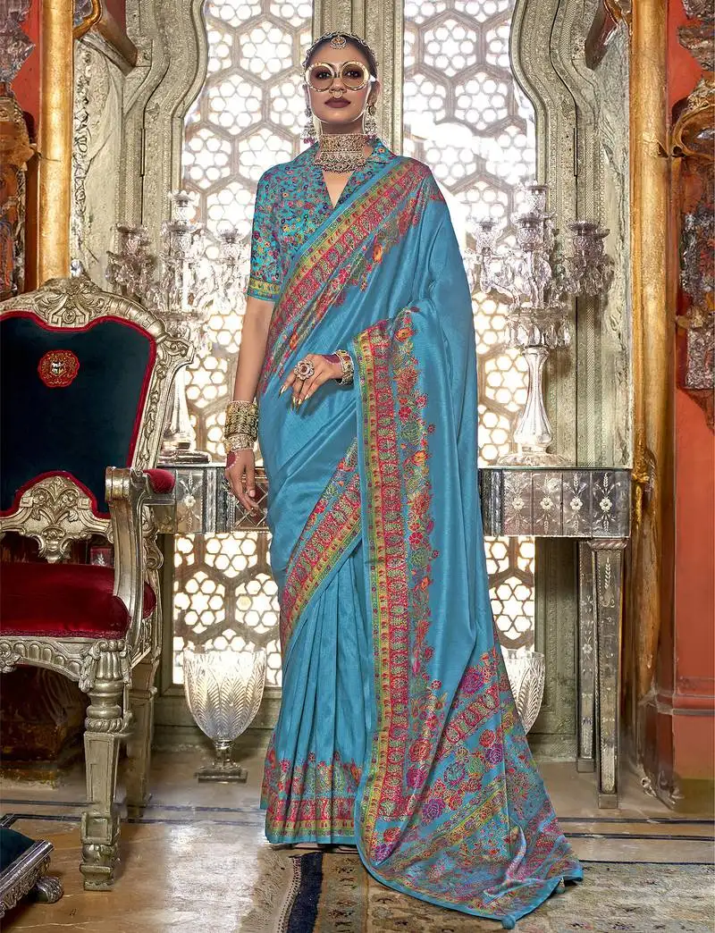 Royal blue poly viscose silk pashmina saree with printed floral motifs saree