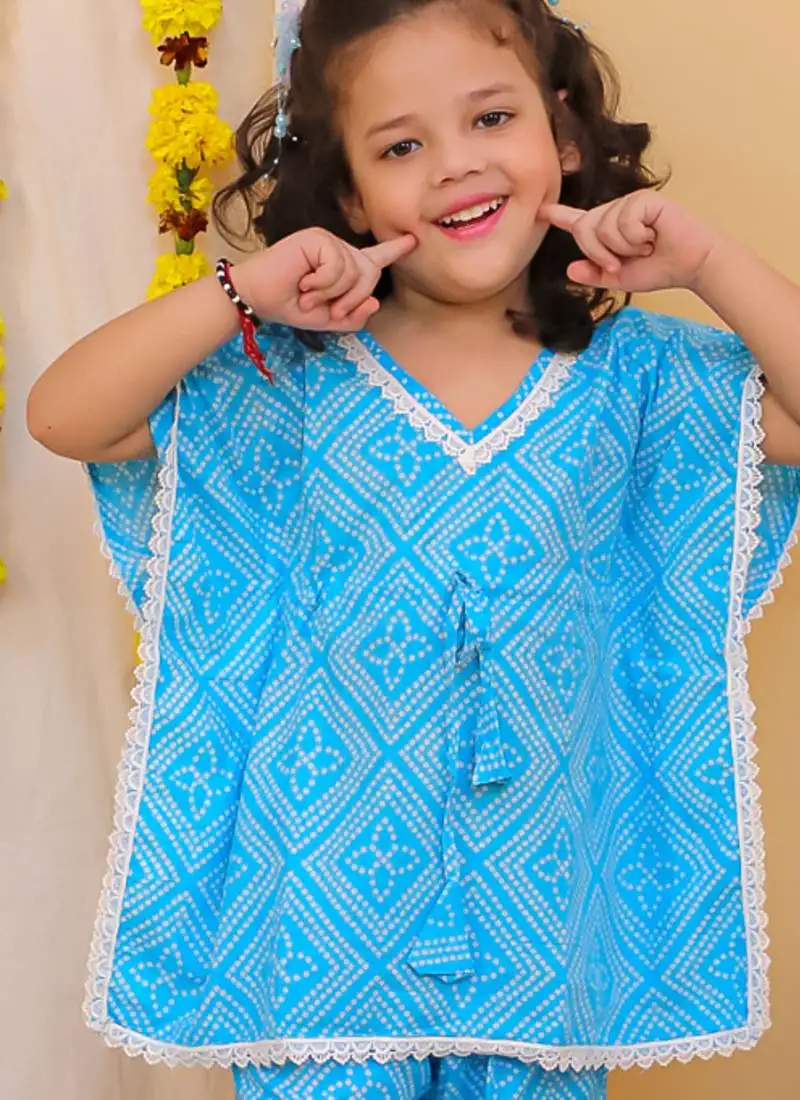 Blue printed cotton kaftan and salwar for girls