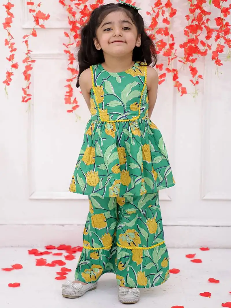 Green printed cotton kurti and sharara with bow-clip for girls