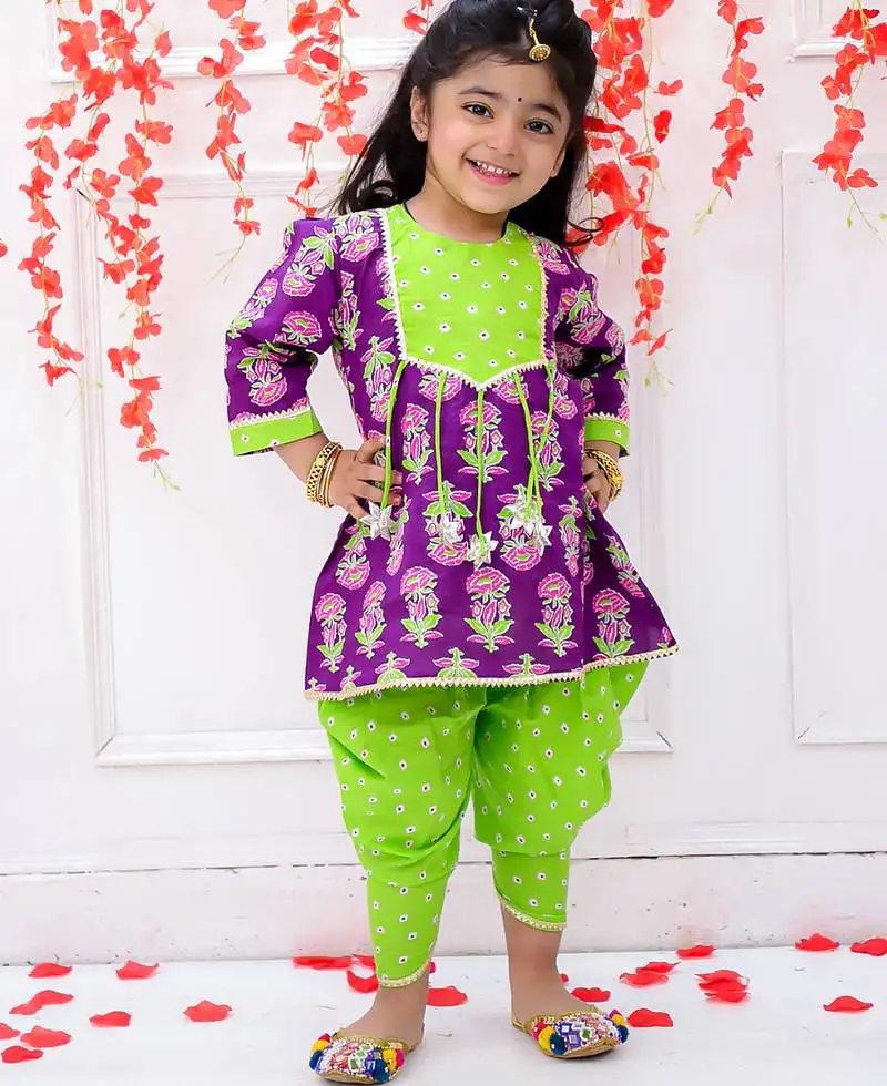 Purple printed cotton peplum kurti and dhoti for girls