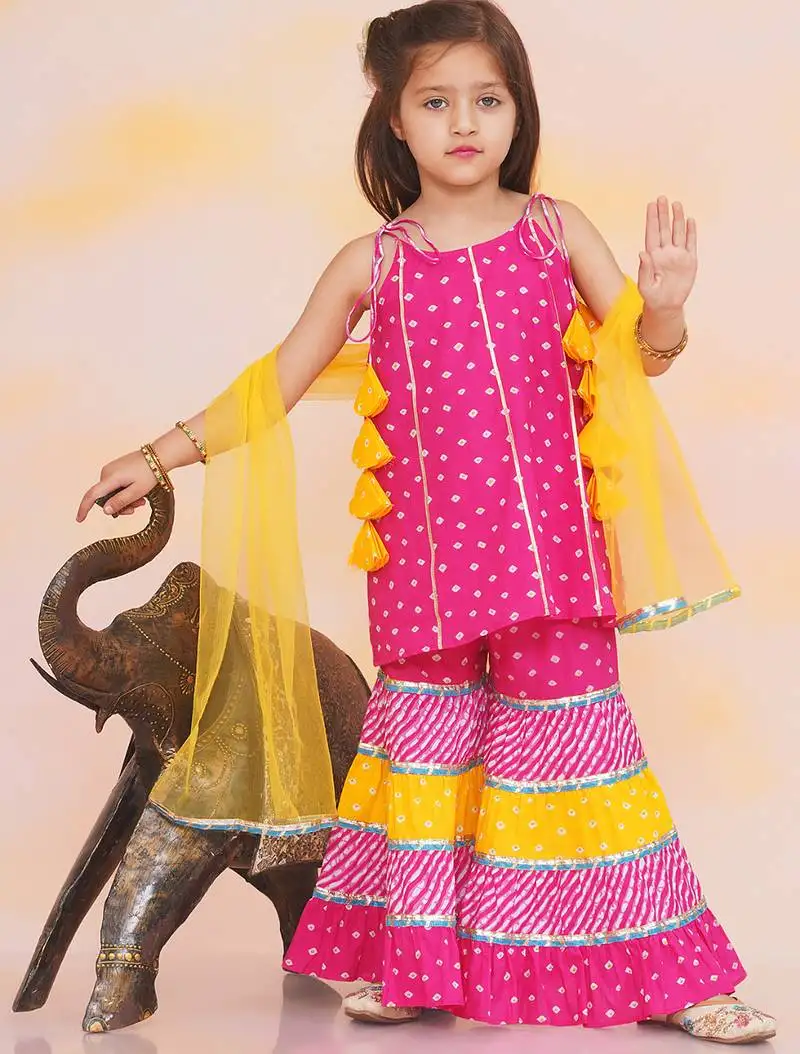 Pink printed cotton bandhani kurti sharara and dupatta for girls