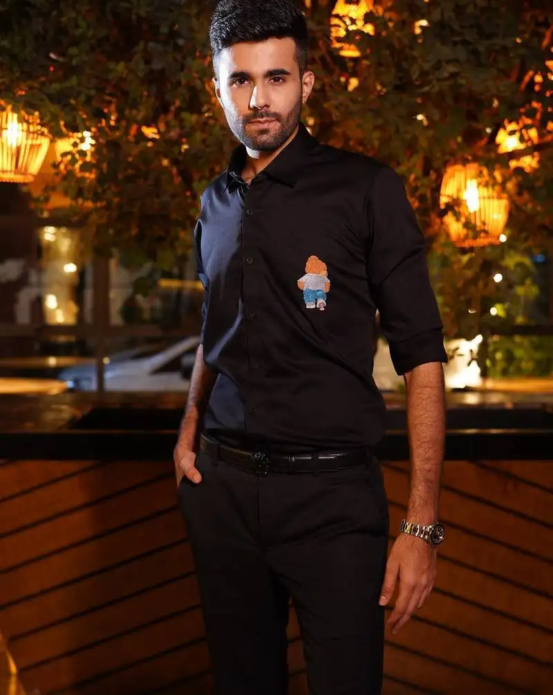 Black embroidered work luxury satin designer shirt for men