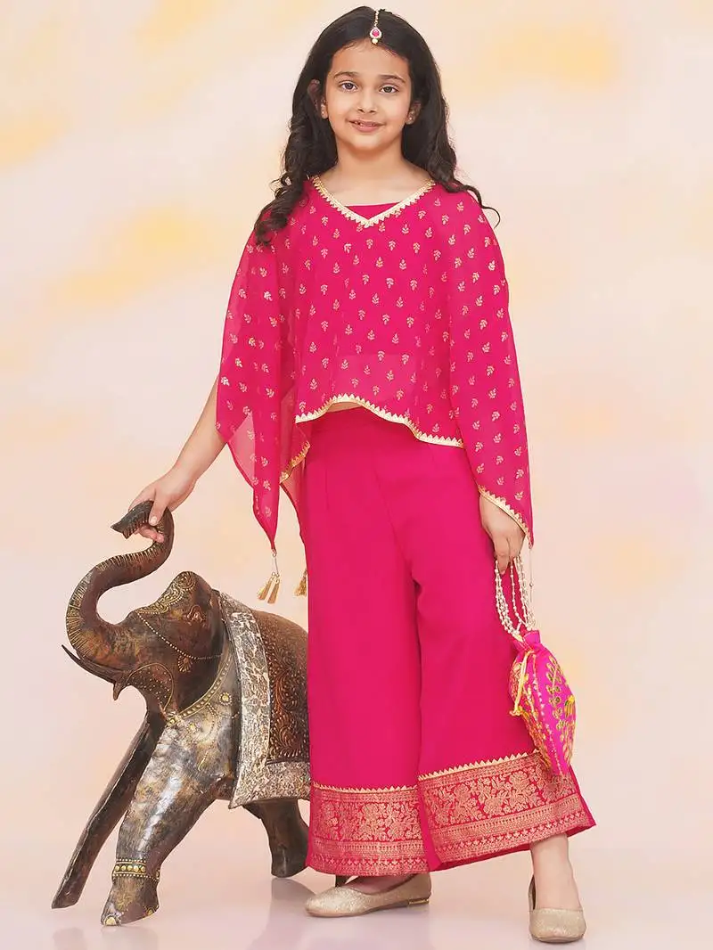 Pink printed chiffon kaftan palazzo with inner for girls
