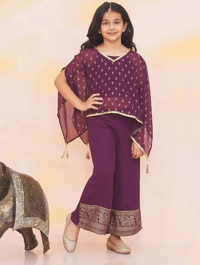 Purple printed chiffon kaftan palazzo with inner for girls
