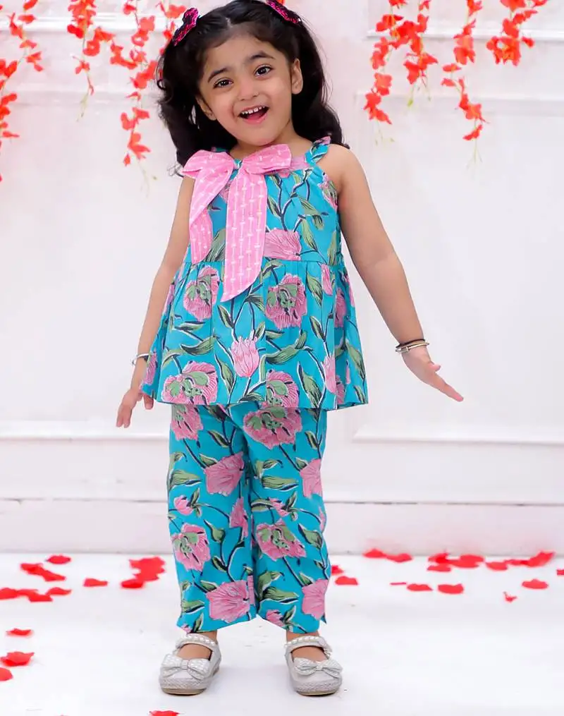 Turquoise printed cotton bow top and pant co-ords for girls