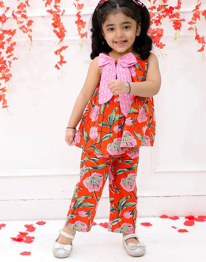Orange printed cotton bow top and pant co-ords for girls