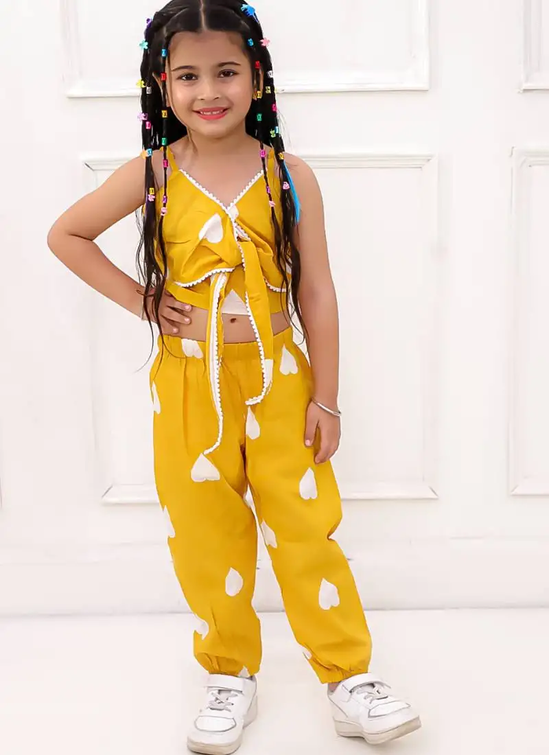 Yellow printed cotton top and joggers for girls