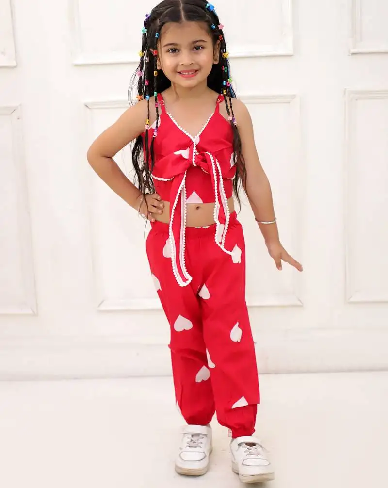 Red printed cotton top and joggers for girls