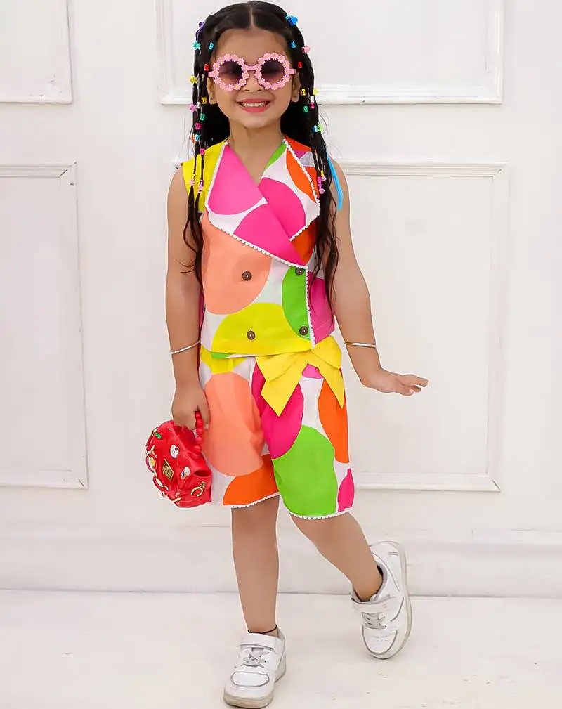 Multicolor printed cotton top and shorts for girls