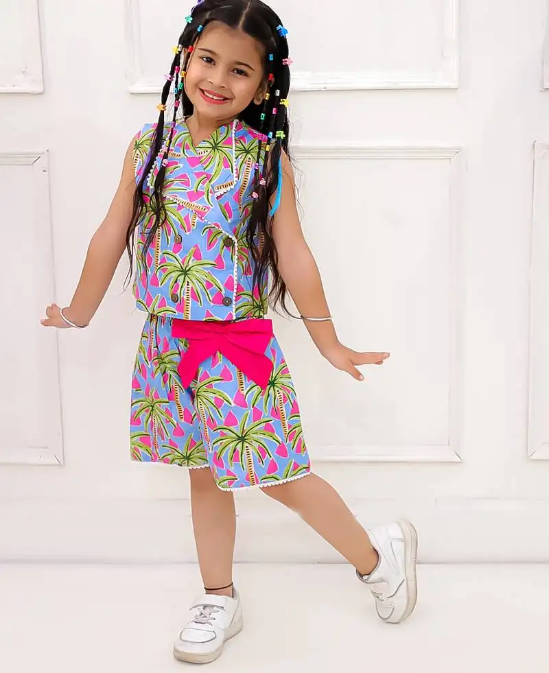Blue printed cotton top and shorts for girls