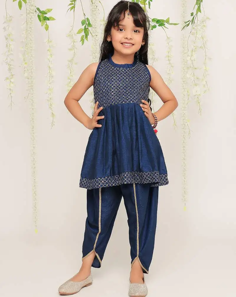 Blue embroidered silk peplum kurti and dhoti for girls