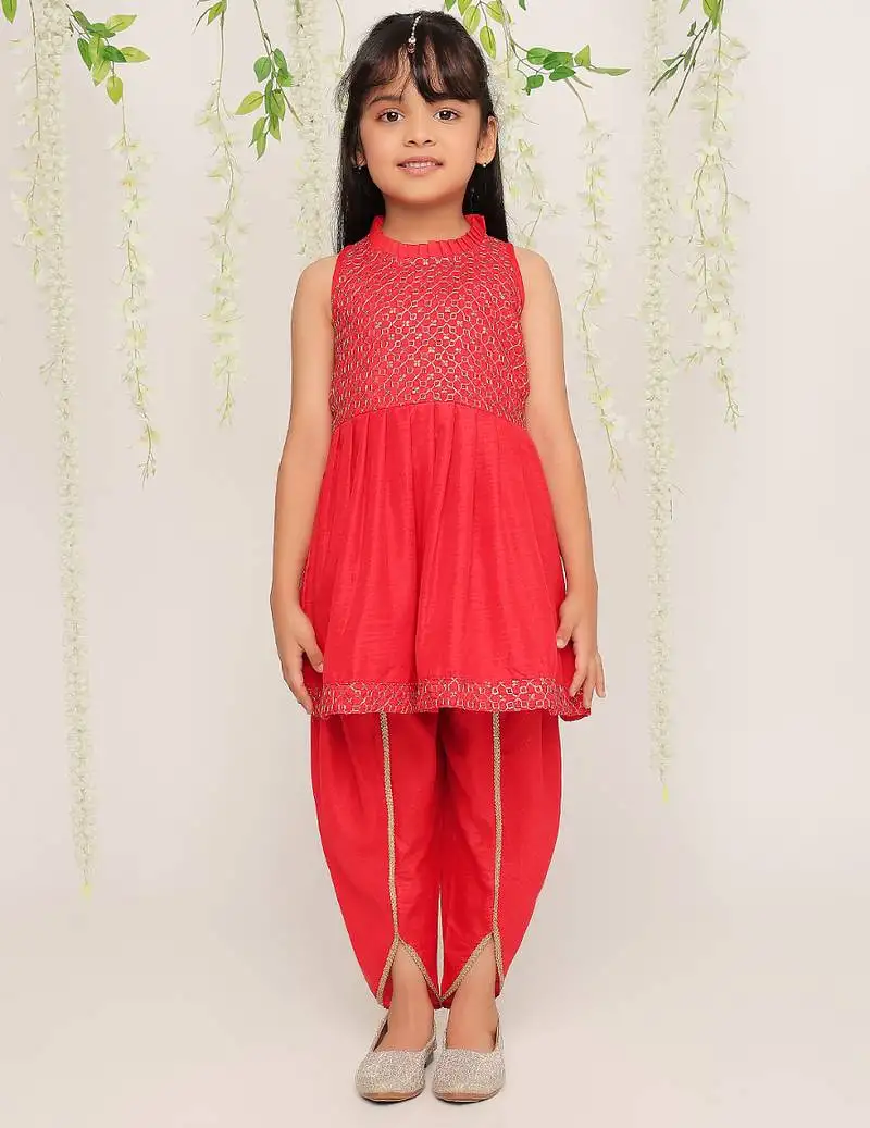 Red embroidered silk peplum kurti and dhoti for girls