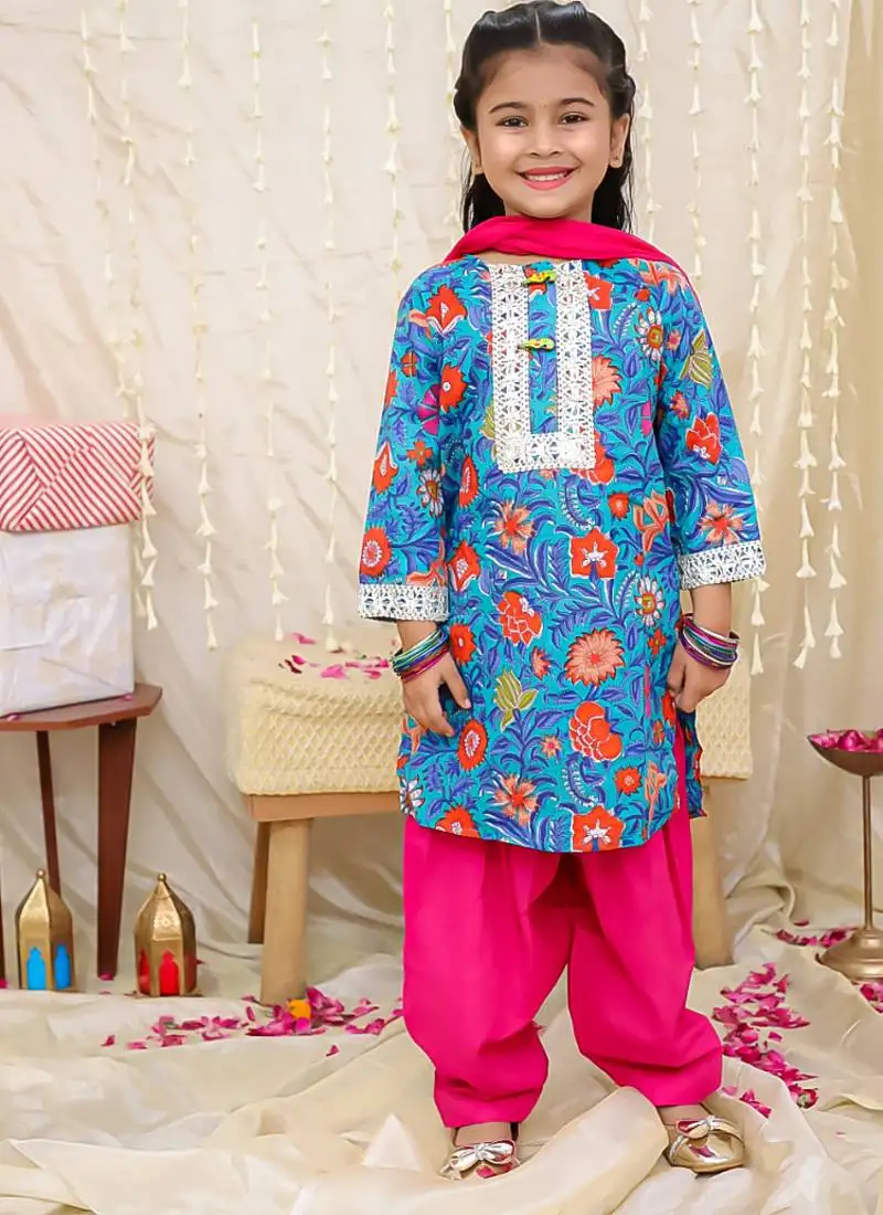 Blue printed cotton kurti and salwar with dupatta for girls