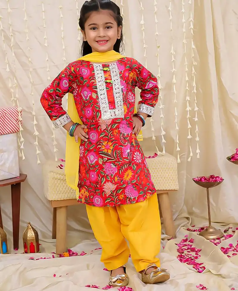 Red printed cotton kurti and salwar with dupatta for girls