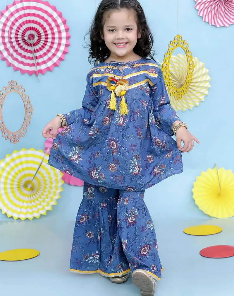 Blue printed cotton kurti and sharara for girls