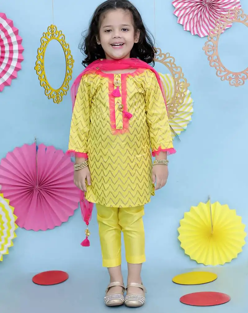 Yellow printed cotton silk kurti pants and dupatta for girls