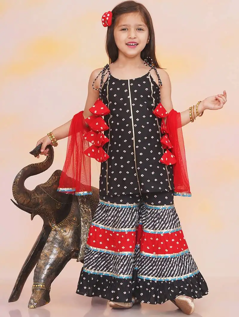 Black printed cotton bandhani kurti sharara and dupatta for girls