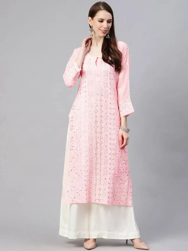 Hand embroidered pink georgette lucknowi chikan straight kurta and slip with gota patti work